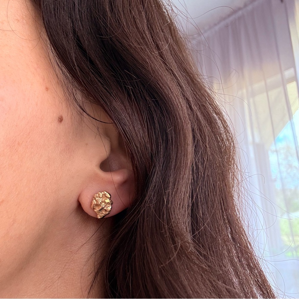 14K Solid Gold Nugget Textured Stud Earrings - Picture 9 of 11